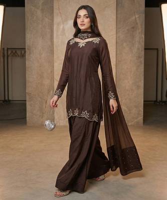 brown crepe salwar suit with moti embroidery work 2