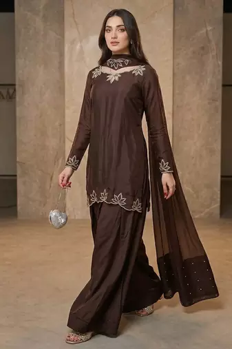brown crepe salwar suit with moti embroidery work