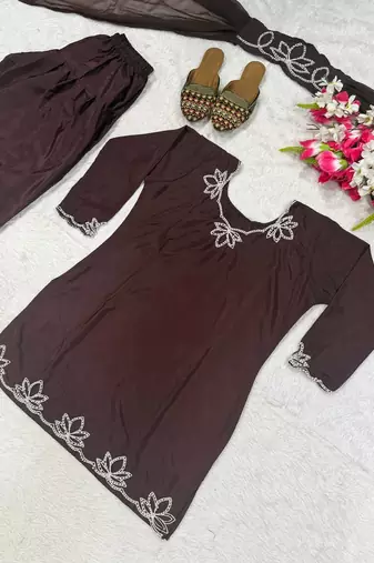brown crepe salwar suit with moti embroidery work