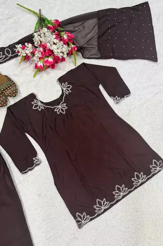 brown crepe salwar suit with moti embroidery work