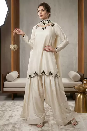 white crepe salwar suit with embroidery moti work