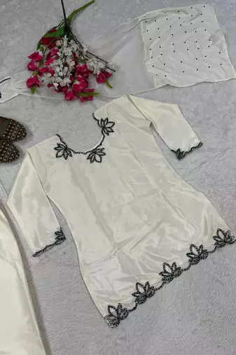 white crepe salwar suit with embroidery moti work