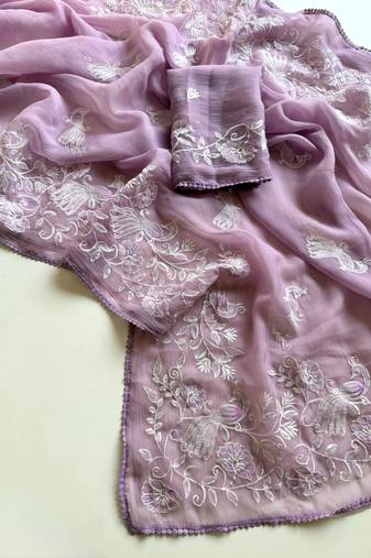 Lavender Color Bird n floral embroidery Work Chiffon Saree