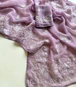 lavender chiffon saree with floral bird embroidery design