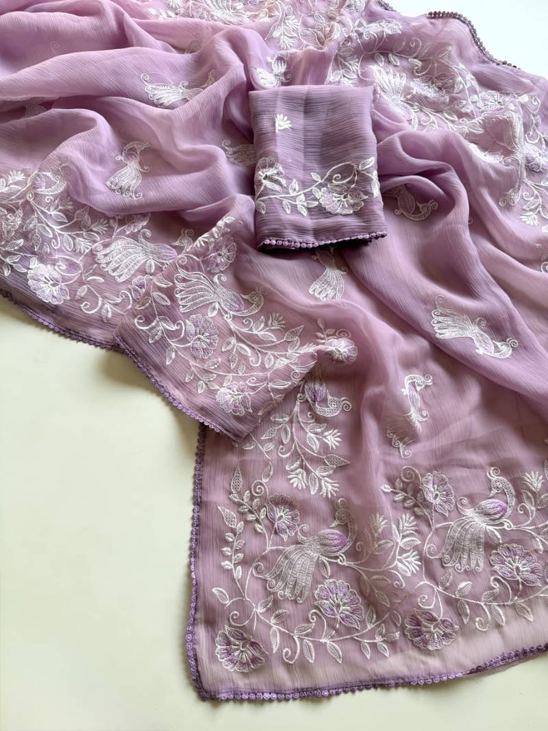 Lavender Color Bird n floral embroidery Work Chiffon Saree