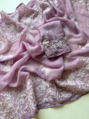 lavender chiffon saree with floral bird embroidery design 2