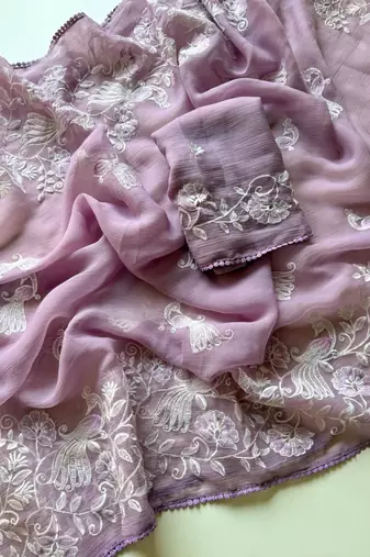 lavender chiffon saree with floral bird embroidery design