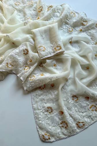 White Color Bird n floral embroidery Work Chiffon Saree