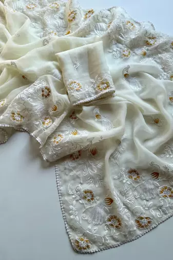 White Color Bird n floral embroidery Work Chiffon Saree