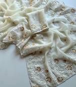 white chiffon saree with floral bird embroidery design
