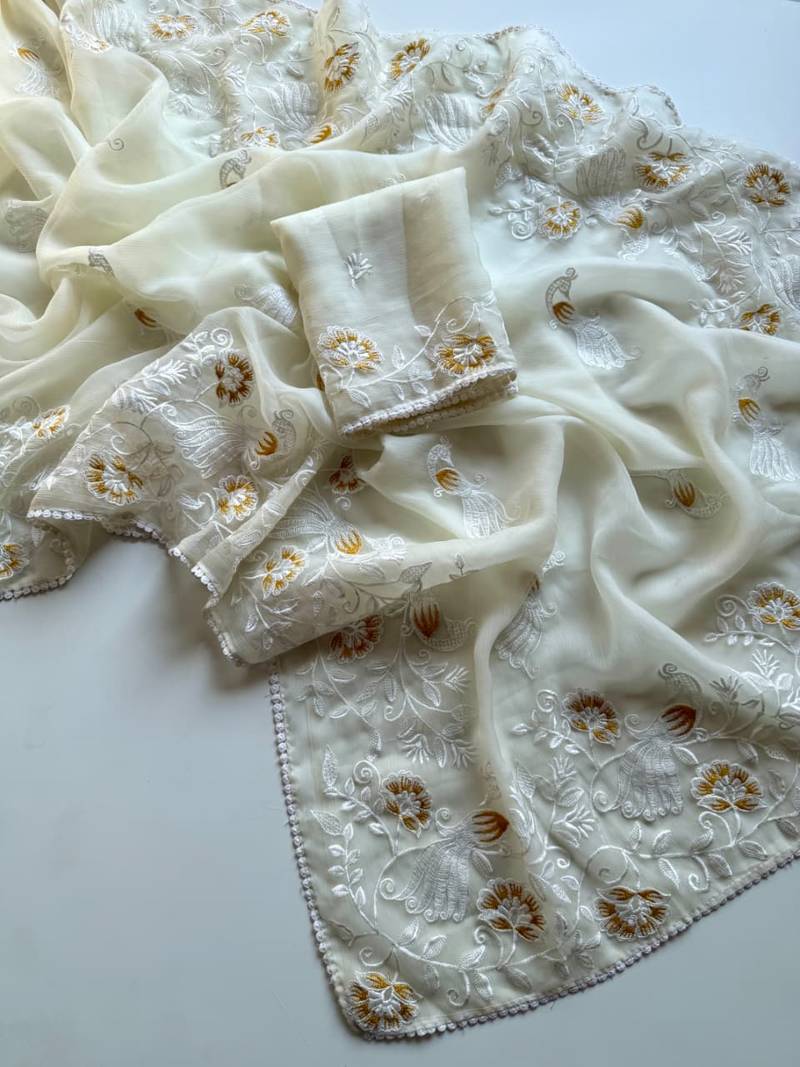 White Color Bird n floral embroidery Work Chiffon Saree