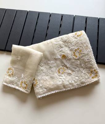 white chiffon saree with floral bird embroidery design 3