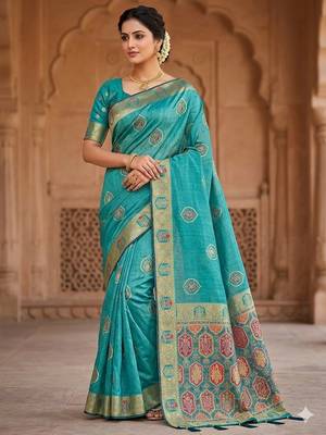 blue tissue saree with zarkan work designer border 1