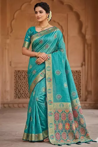 Soft Nylon Orignal Zarkan Work With Piping & Tassels Tissue Woven Saree With Blouse Set For Women's