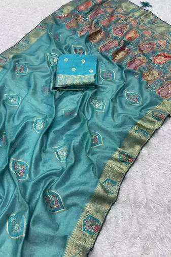 blue tissue saree with zarkan work designer border