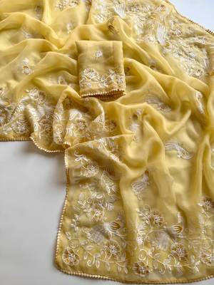 yellow chiffon saree with bird floral embroidery work 1
