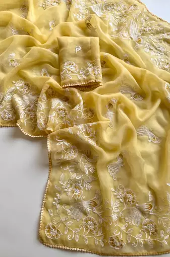 Yellow Color Bird n floral embroidery Work Chiffon Saree
