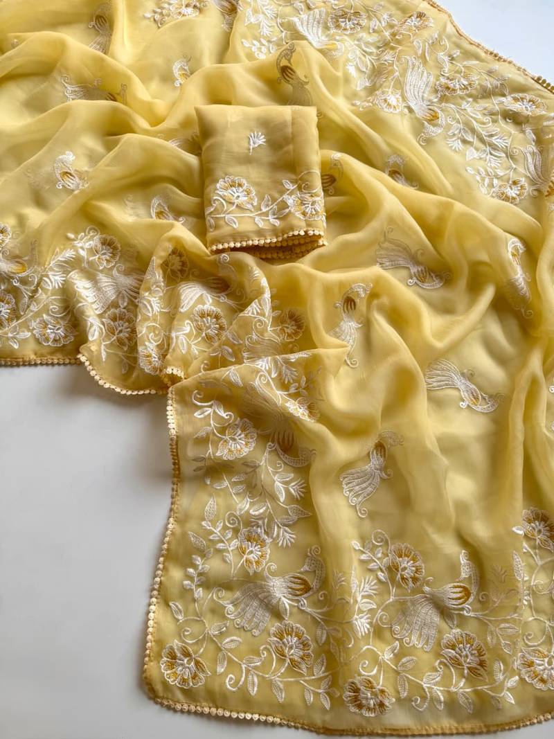 Yellow Color Bird n floral embroidery Work Chiffon Saree