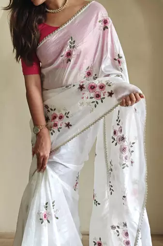 White Color  Flower Embroidory Work Tissue Saree