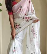 White Color  Flower Embroidory Work Tissue Saree