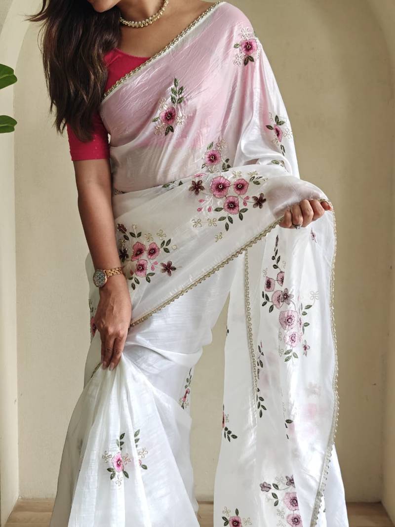 White Color  Flower Embroidory Work Tissue Saree