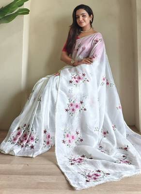 white tissue saree with floral embroidery lace work 2