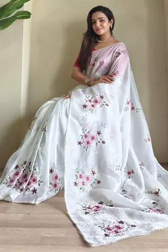 white tissue saree with floral embroidery lace work