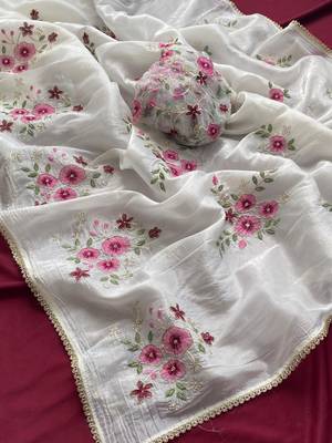white tissue saree with floral embroidery lace work 3