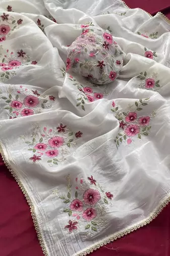white tissue saree with floral embroidery lace work