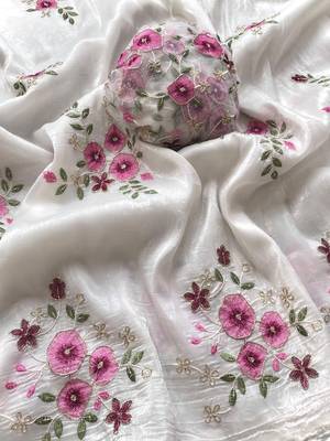 white tissue saree with floral embroidery lace work 4