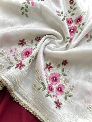 white tissue saree with floral embroidery lace work 5