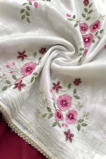 white tissue saree with floral embroidery lace work