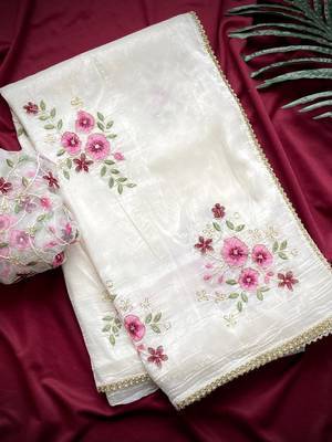 white tissue saree with floral embroidery lace work 6
