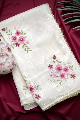 white tissue saree with floral embroidery lace work