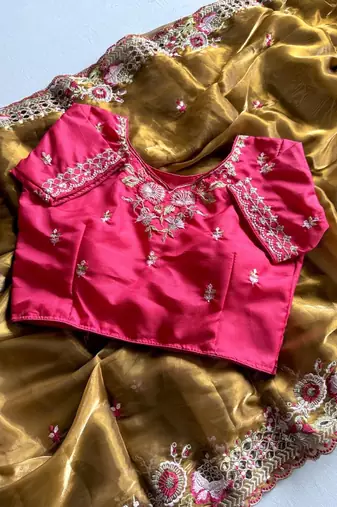 Coffee Color  Multi Colour Embroidery Sequence Work Silk Saree