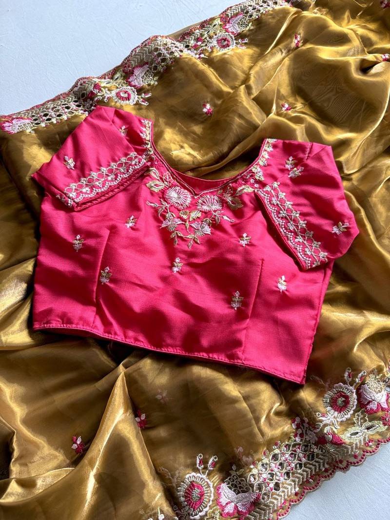 Coffee Color  Multi Colour Embroidery Sequence Work Silk Saree