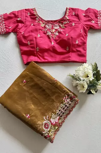 coffee silk blend saree with multicolor sequin embroidery