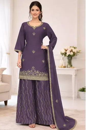 Onion color chinnon silk heavy embroidery work party wear plazo set