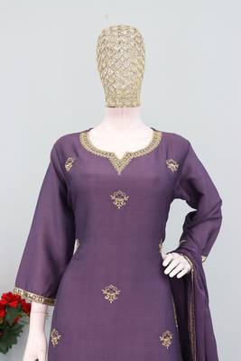 Onion color chinnon silk heavy embroidery work party wear plazo set 2