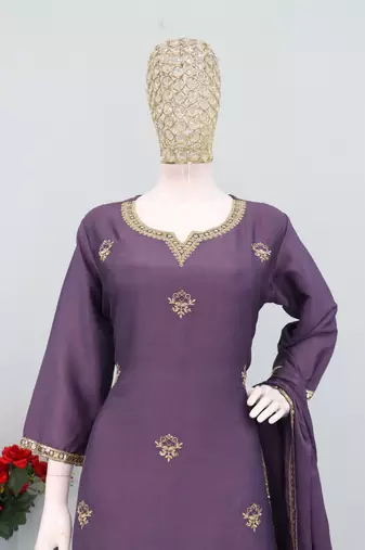 Onion color chinnon silk heavy embroidery work party wear plazo set