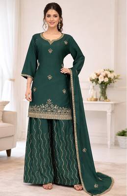Teal color chinnon silk heavy embroidery work party wear plazo set 1