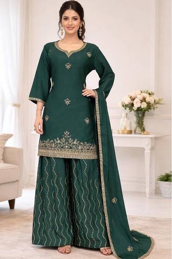 Teal color chinnon silk heavy embroidery work party wear plazo set
