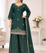 Teal color chinnon silk heavy embroidery work party wear plazo set