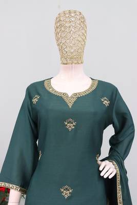 Teal color chinnon silk heavy embroidery work party wear plazo set 2