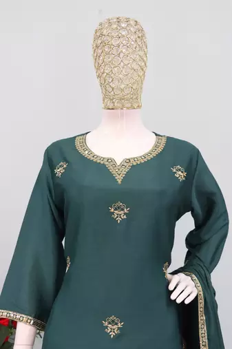 Teal color chinnon silk heavy embroidery work party wear plazo set