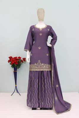 Onion color chinnon silk heavy embroidery work party wear plazo set 3