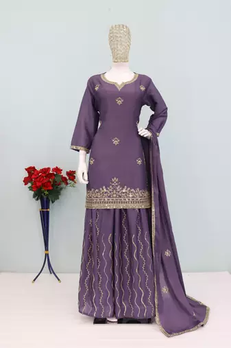 Onion color chinnon silk heavy embroidery work party wear plazo set