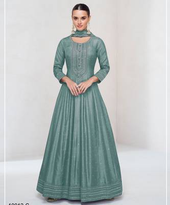 Teal color heavy vichitra silk embrodiery work long gown 1