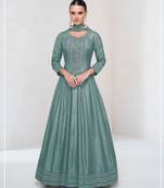 Teal color heavy vichitra silk embrodiery work long gown