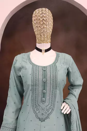 Teal color heavy vichitra silk embrodiery work long gown